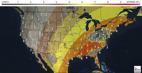 Map of the United States with UV levels
