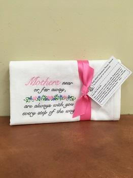 White towel with embroidery & pink ribbon